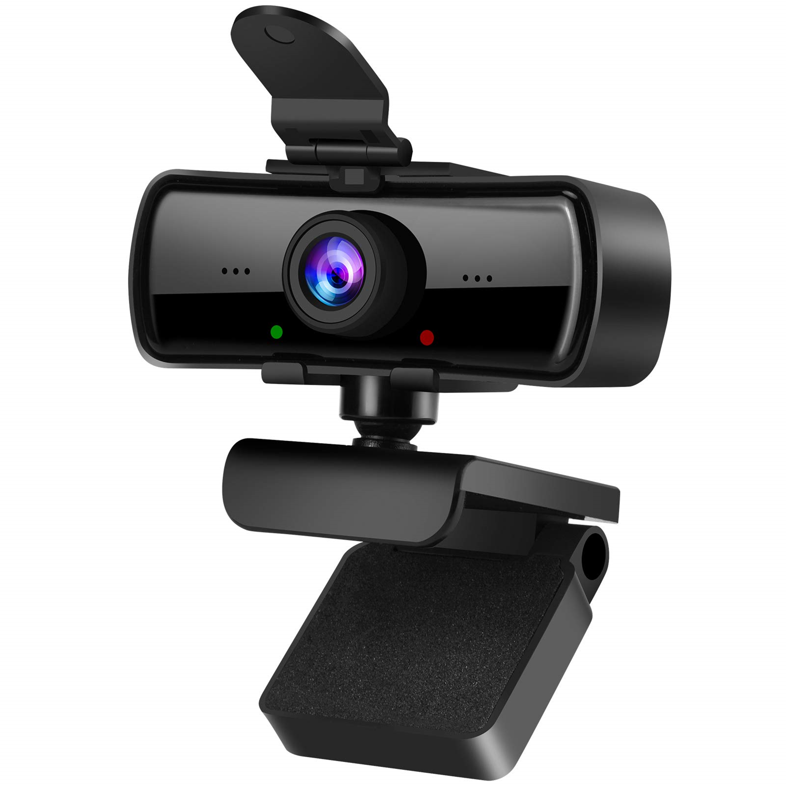 Schwarze Webcam mit Linse und Clip. Die Webcam ist auf einem Ständer montiert.