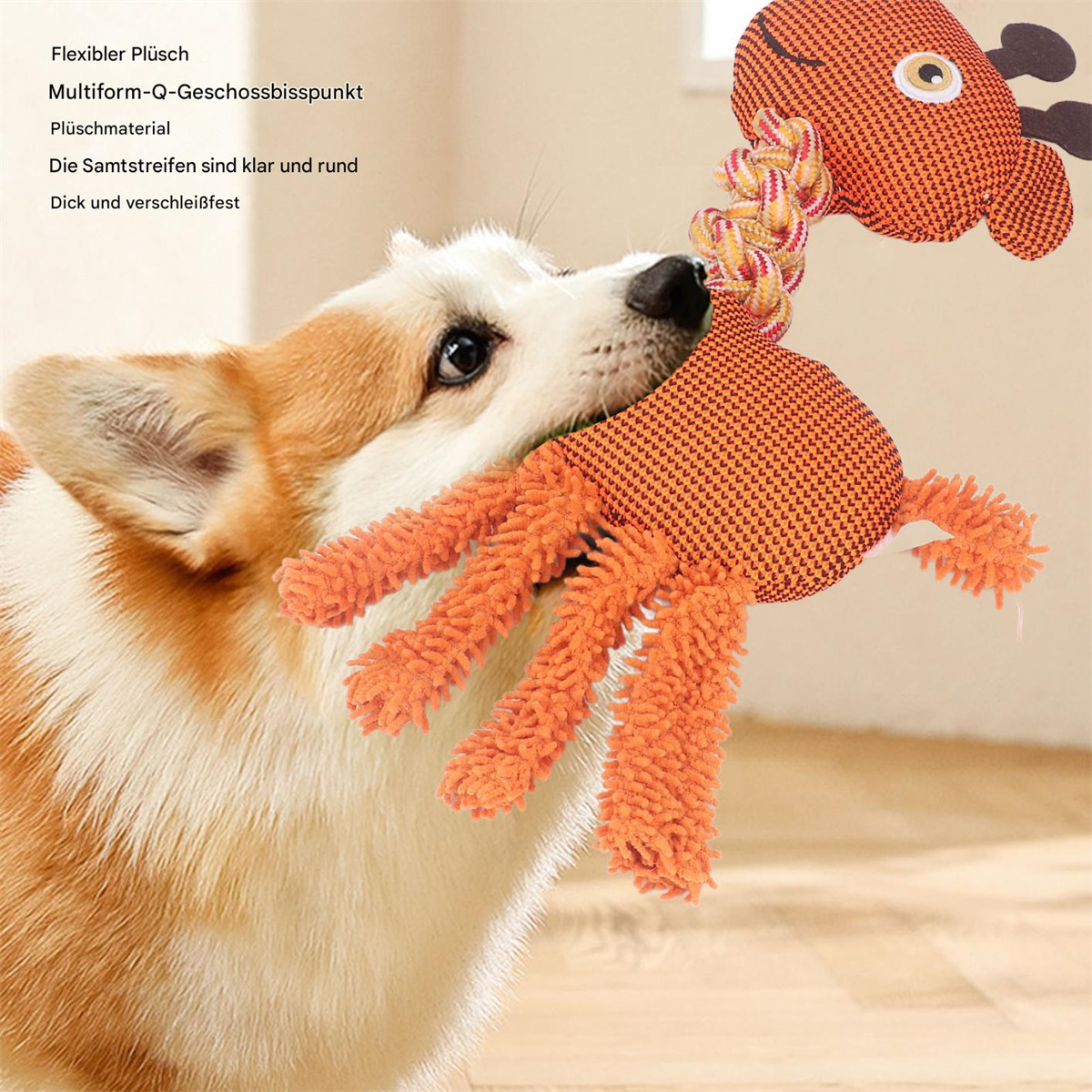 Ein Hund mit einem Spielzeug im Maul. Das Spielzeug ist ein orangerfarbener Oktopus und ein Hirsch.