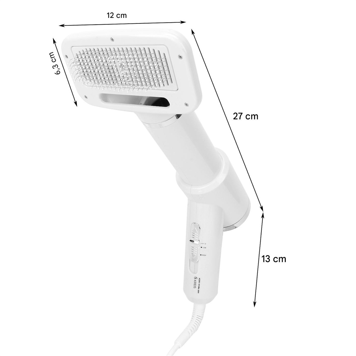 Ein weißer Haustierpflegetrockner mit Abmessungen.