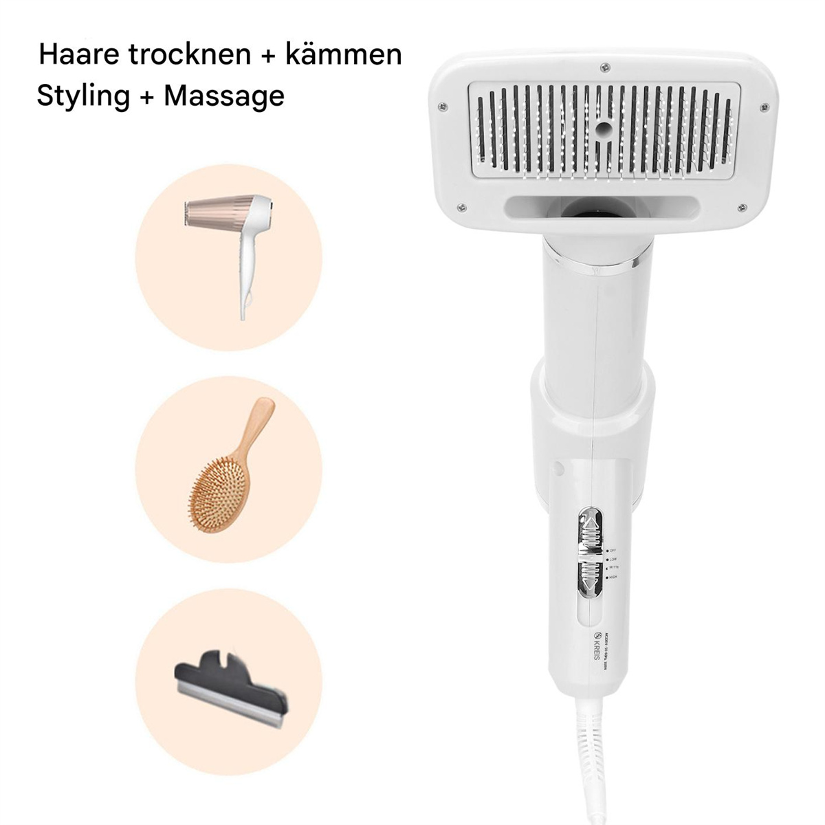 Ein weißer Haartrockner mit Aufsätzen: eine Bürste, ein Kamm und ein Styling-Werkzeug.