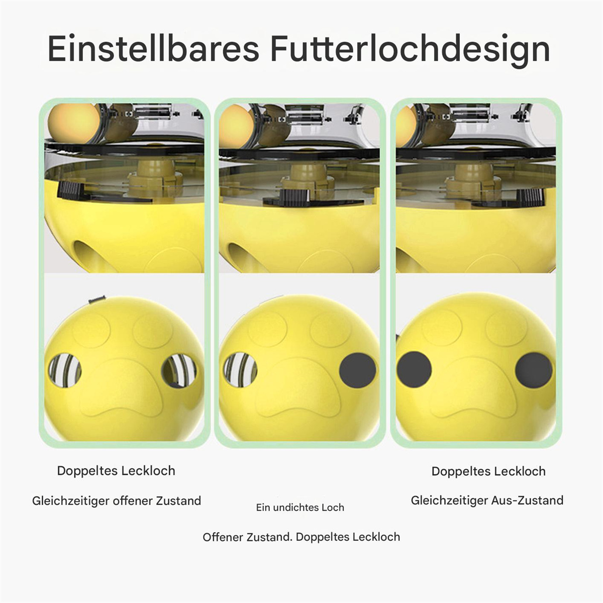 Bilder zeigen einstellbare Futterloch-Designs für ein gelbes Spielzeug mit mehreren Einstellungen.