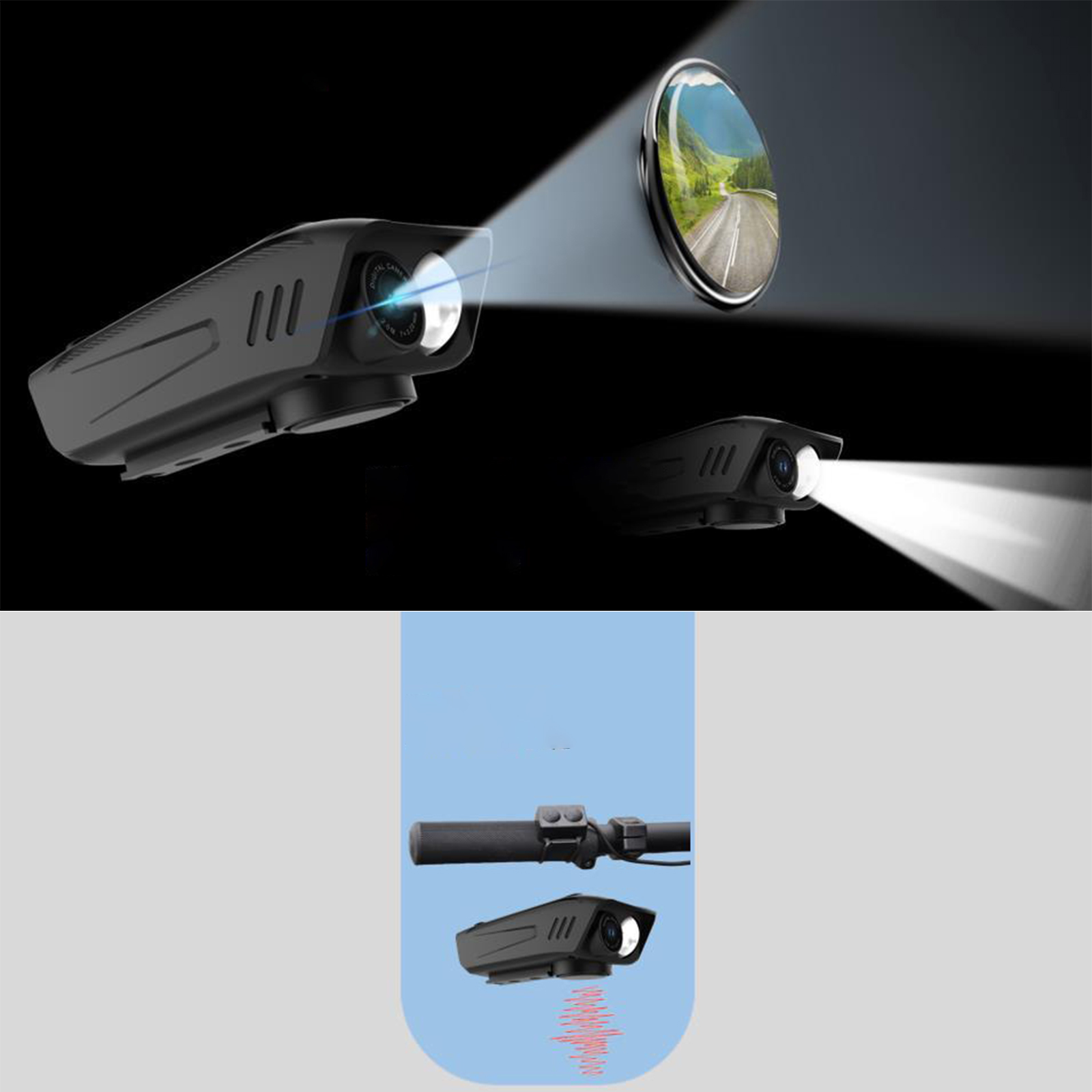 Schwarze Lichter mit einer Linse, die Licht projiziert, und einem Spiegel. Rollerlicht am unteren Rand mit rotem Licht.