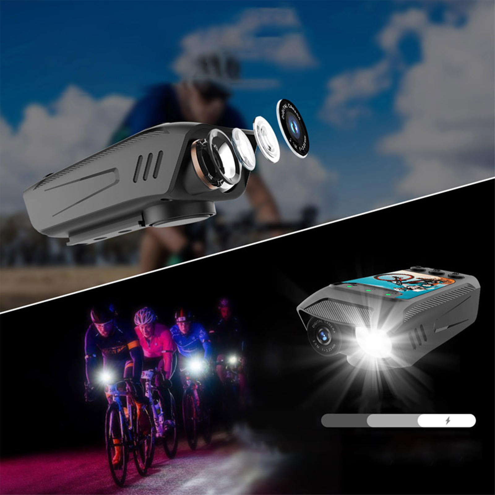 Eine schwarze Action-Kamera mit Radfahrern im Hintergrund bei Nacht. Ein Lichtstrahl wird unten rechts gezeigt.