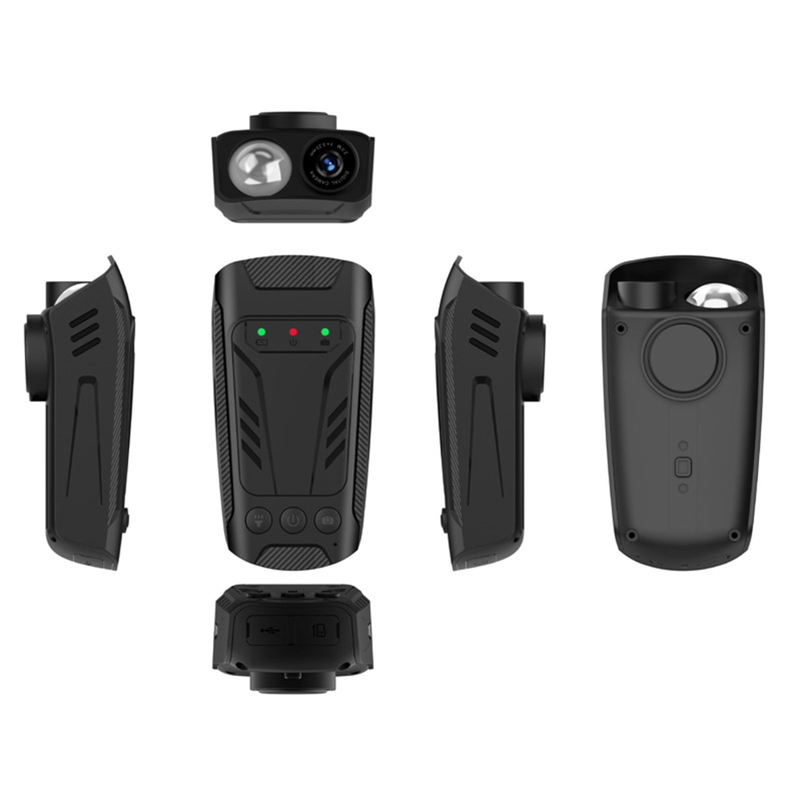 Schwarze Bodycam in mehreren Ansichten.