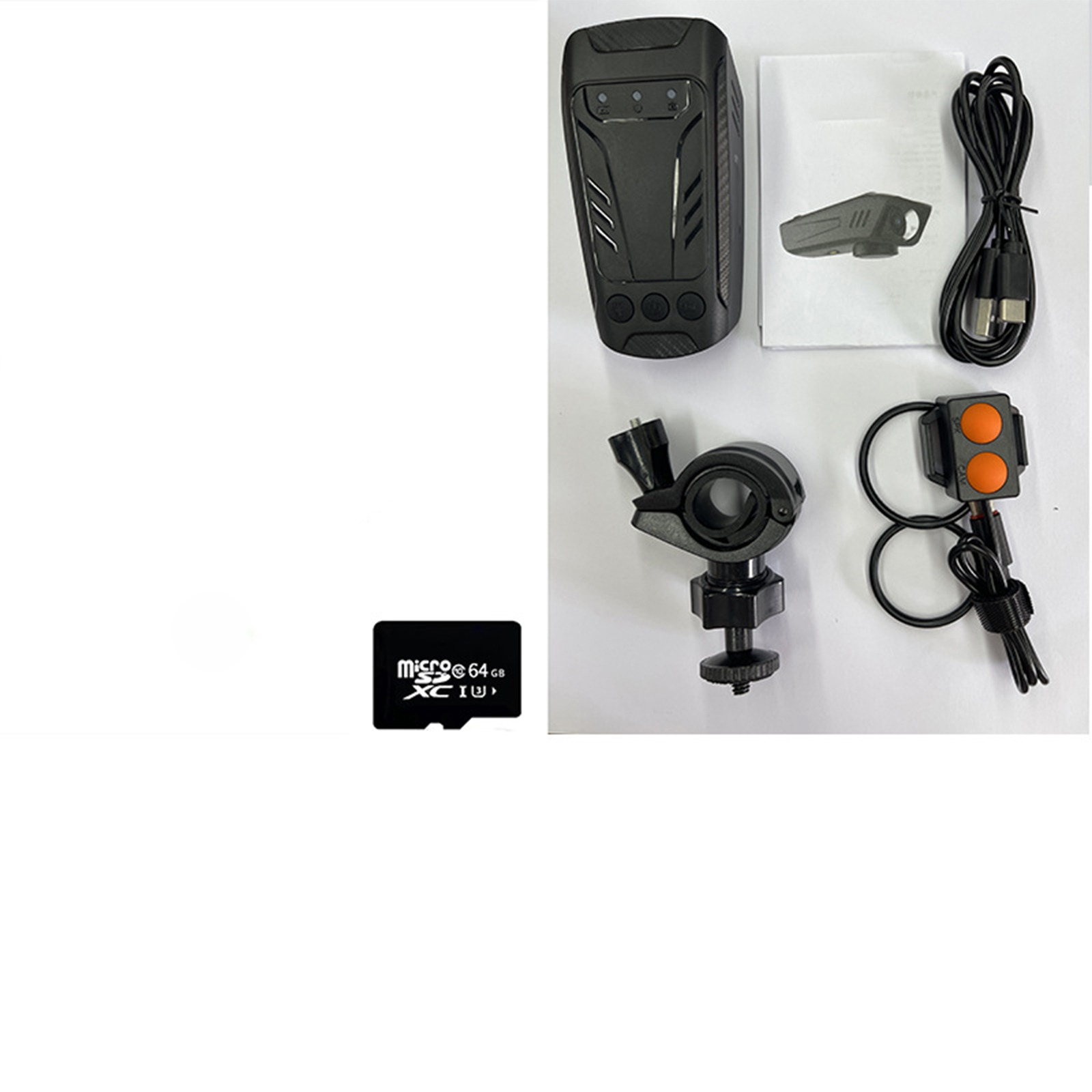 Ein schwarzes Armaturenbrett-Kamera, eine MicroSD-Karte und anderes Zubehör, einschließlich Befestigungsmaterial und Kabeln.