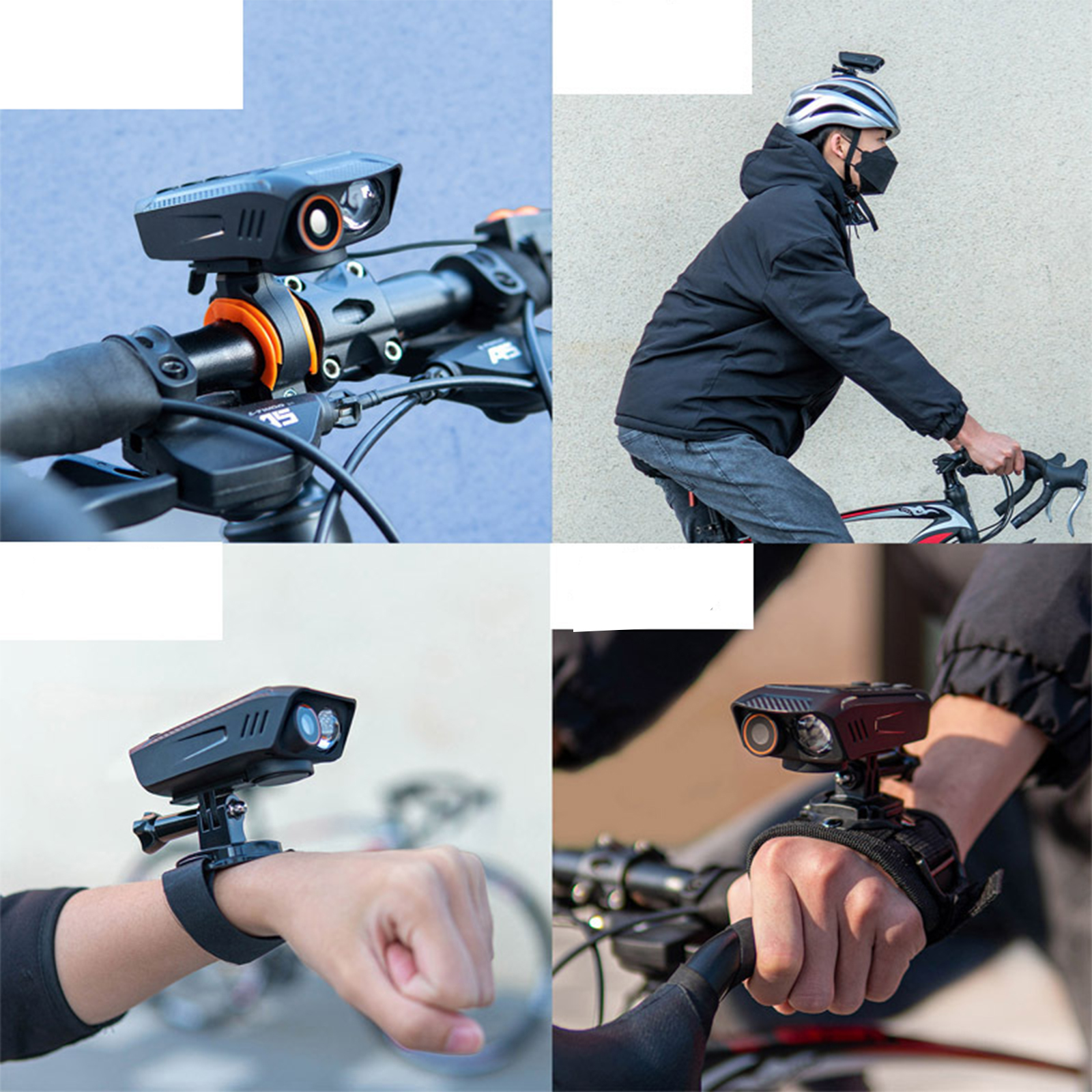 Fahrradlichter an Fahrrad und Handgelenk befestigt. Person fährt Fahrrad mit Helm und Maske.