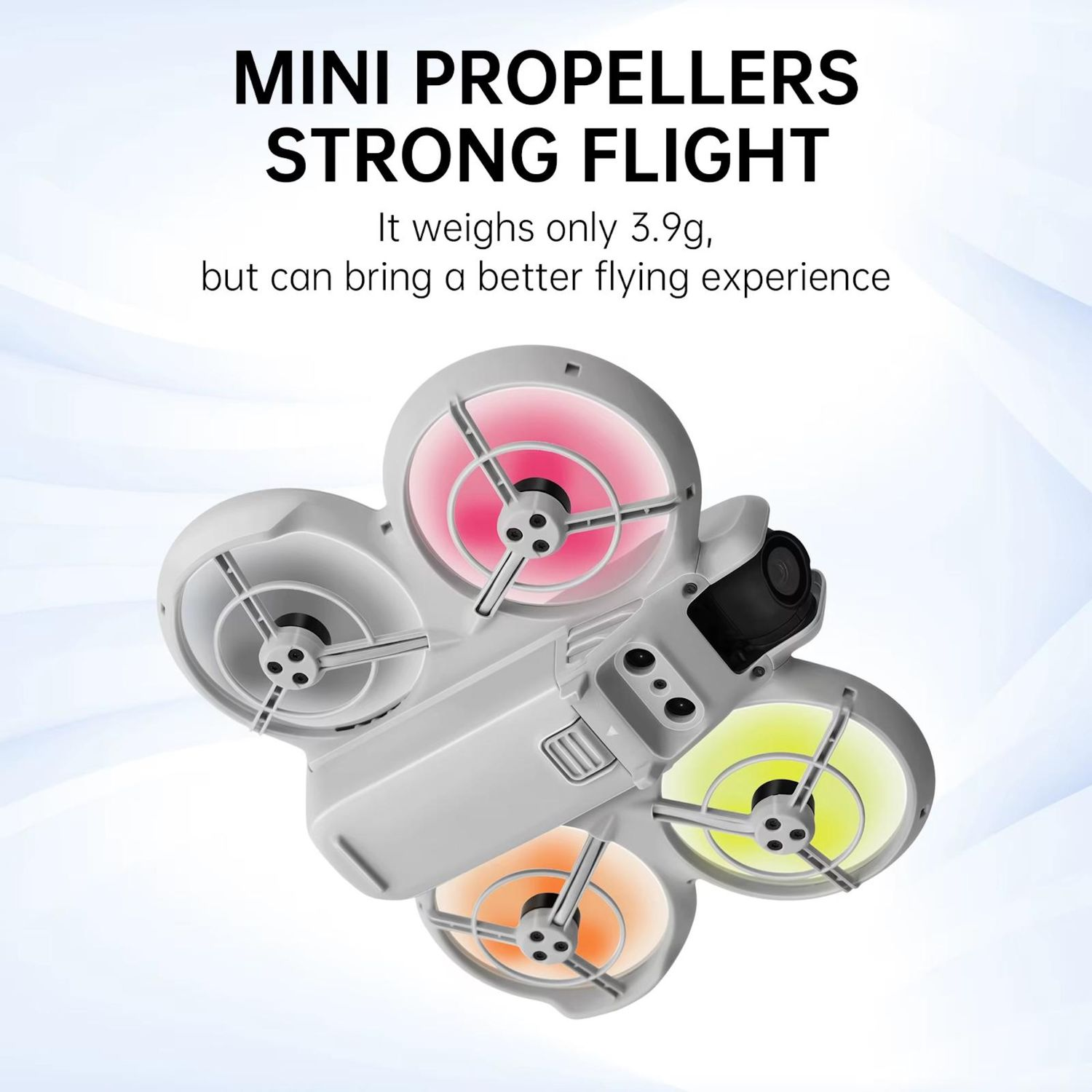 Weiße Drohne mit drei Propellern, mit roten, grünen und orangen Lichtern. Text sagt Mini-Propeller Starkflug.