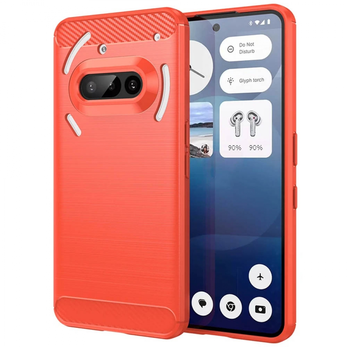 Orangene Handyhülle mit Telefon. Telefon auf der Hülle. Weißer Hintergrund.