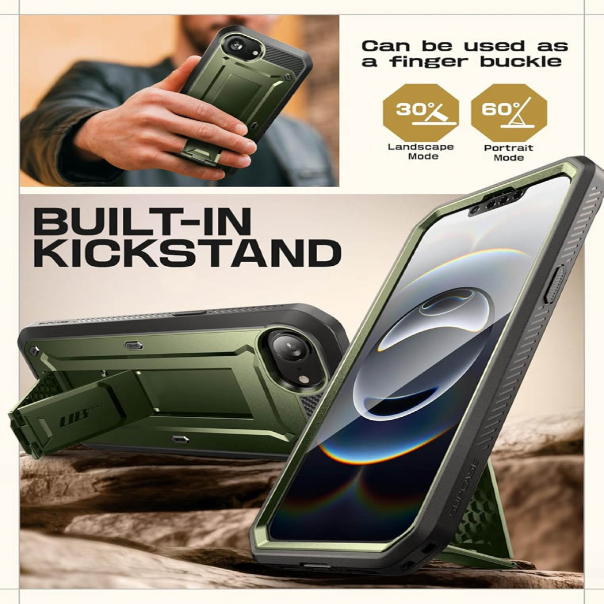 Custodia verde per telefono con cavalletto integrato. Mostra l'uso in modalità orizzontale e verticale. Una mano tiene il telefono.