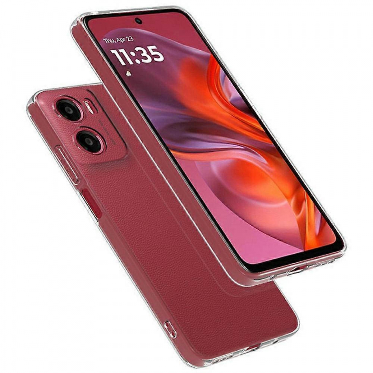 Burgunderfarbene Handyhülle mit klarem Rand, die ein Handy mit einem leuchtenden roten und lila Bildschirm zeigt.