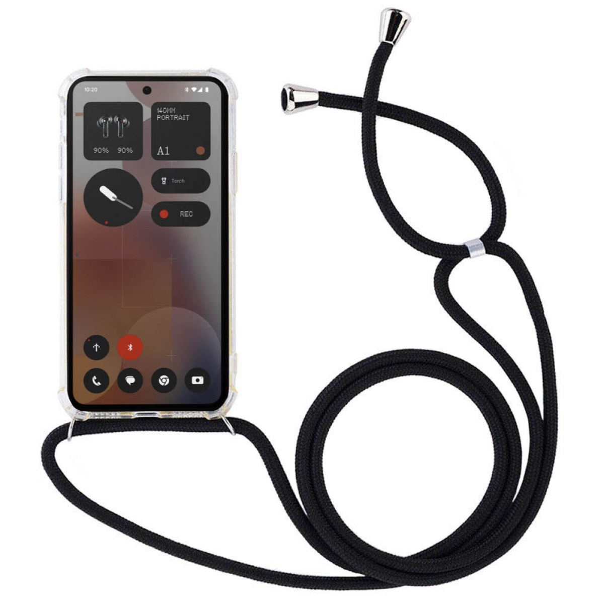 Telefon mit klarer Hülle und schwarzem Kabel. Telefon zeigt App-Symbole und Bedienelemente an.