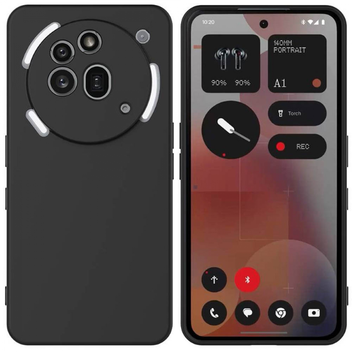 Schwarzes Smartphone mit einem Bildschirm, der eine Benutzeroberfläche zeigt. Die Rückseite hat Kameras und einen Blitz.