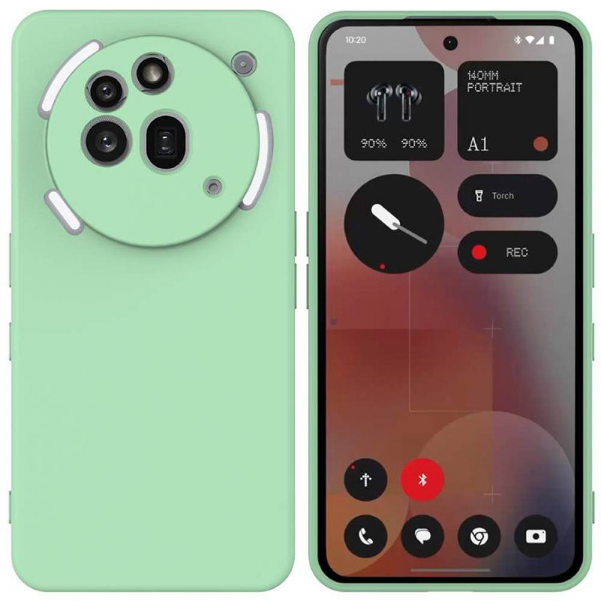 Grünes Telefon mit mehreren Kameras und Benutzeroberfläche. Weißer Hintergrund.