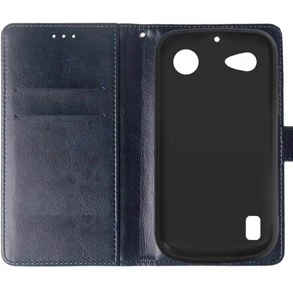 Blaues Leder-Handy-Etui offen. Innen schwarze Handyhalterung mit Löchern für Kamera und Lautsprecher.