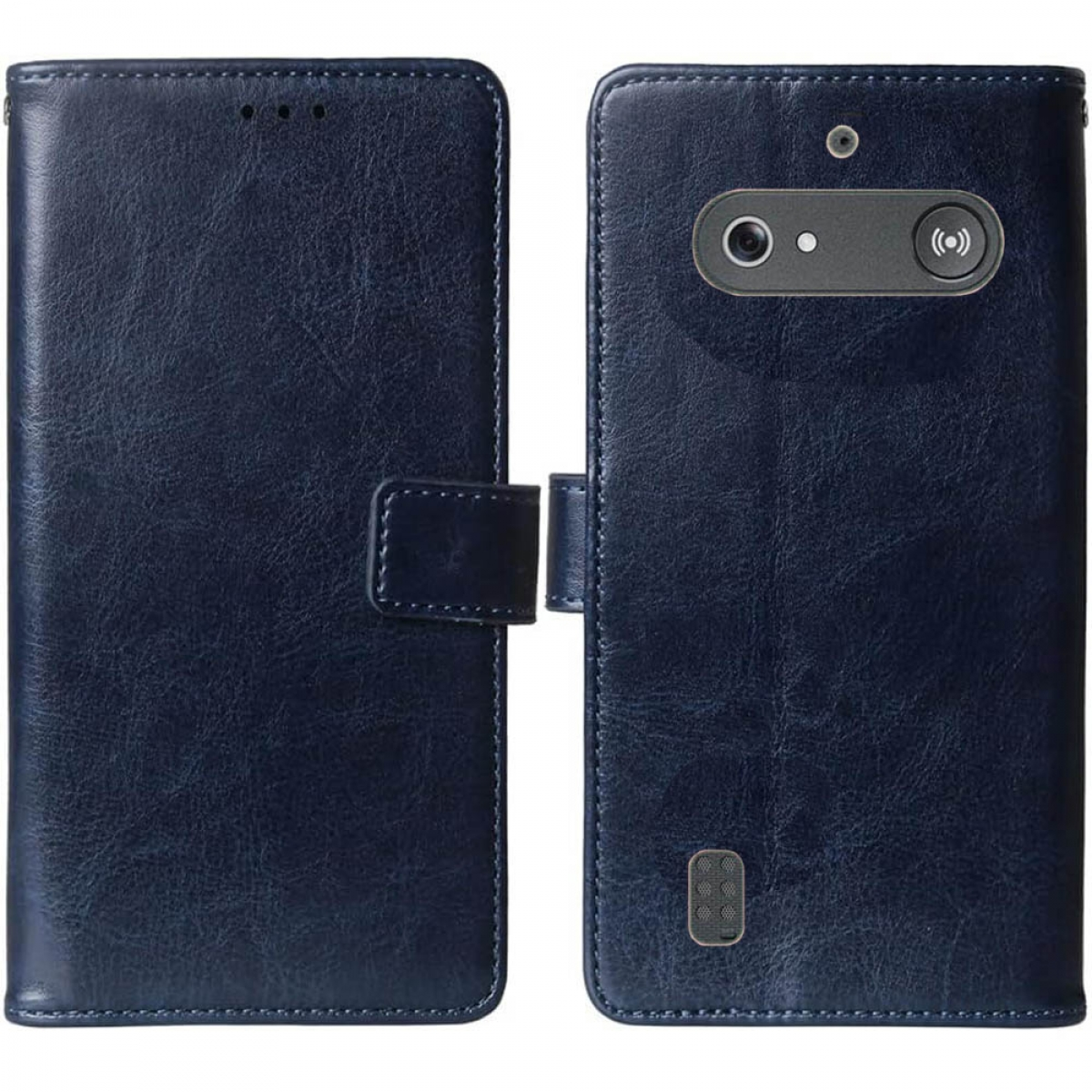 Blaue Leder-Handyhülle, geschlossen, mit Schnappverschluss. Das Telefon befindet sich auf der rechten Seite.