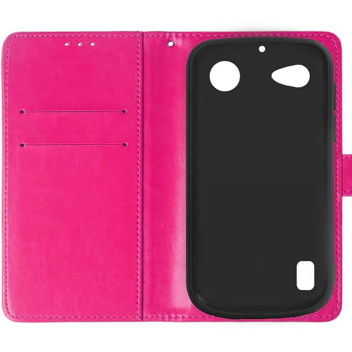 Offene rosa Handyhülle mit schwarzem, telefonförmigem Halter. Weißer Hintergrund.