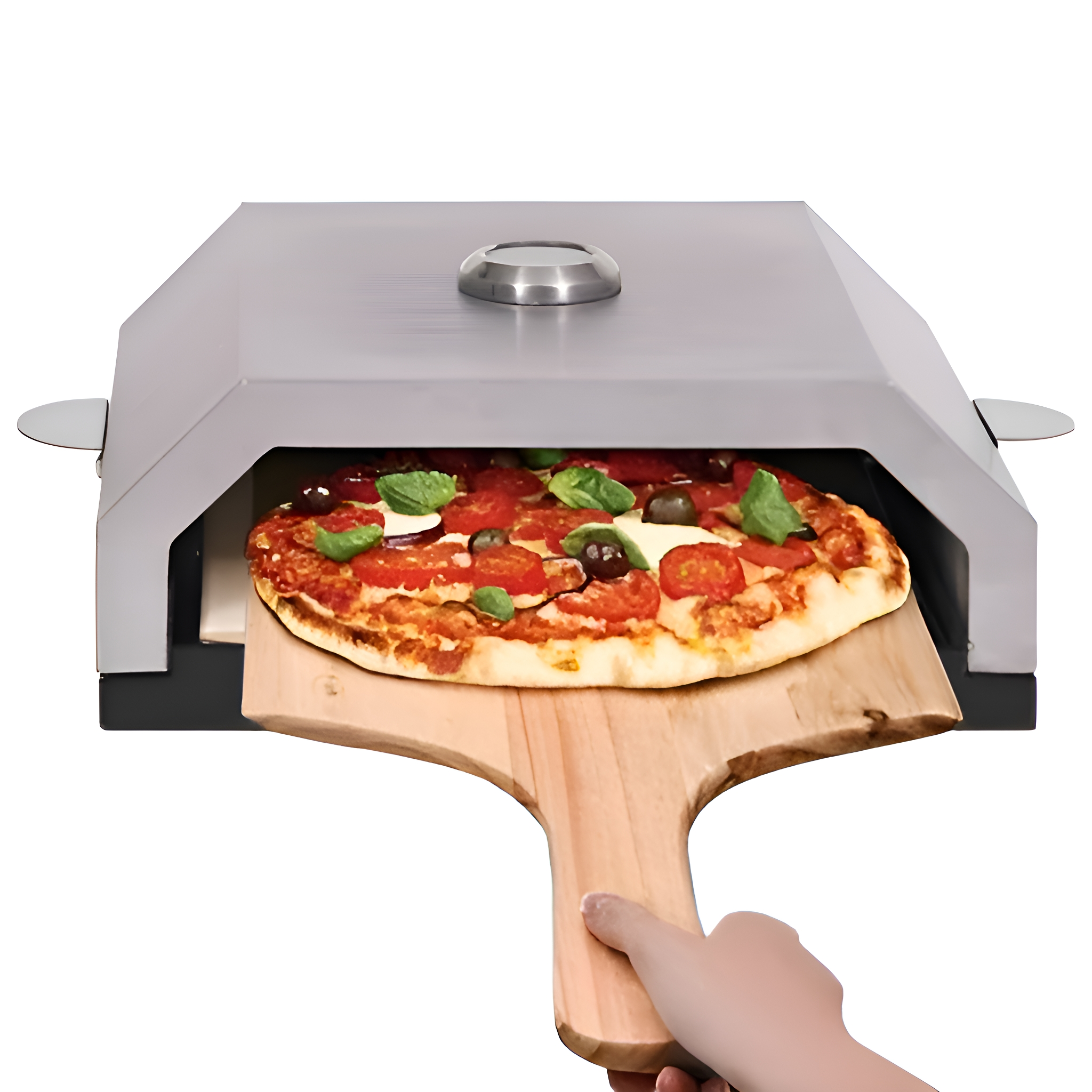 Pizza auf einem Holzbrett, das von einer Hand aus einem Pizzaofen aus Edelstahl genommen wird.
