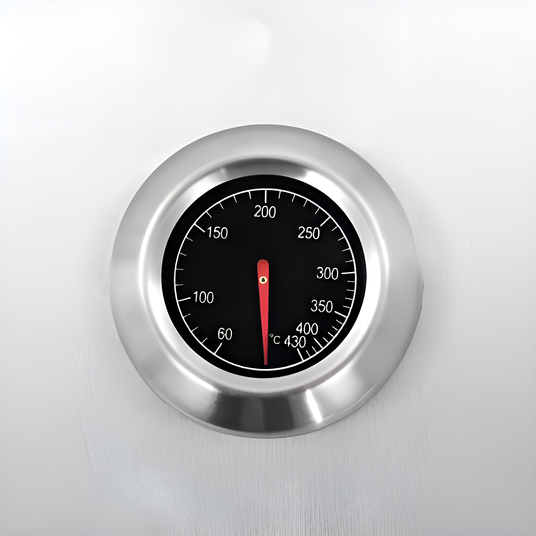 Rundes analoges Grillthermometer. Schwarzes Zifferblatt mit rotem Zeiger, der auf 250 Grad Celsius zeigt.