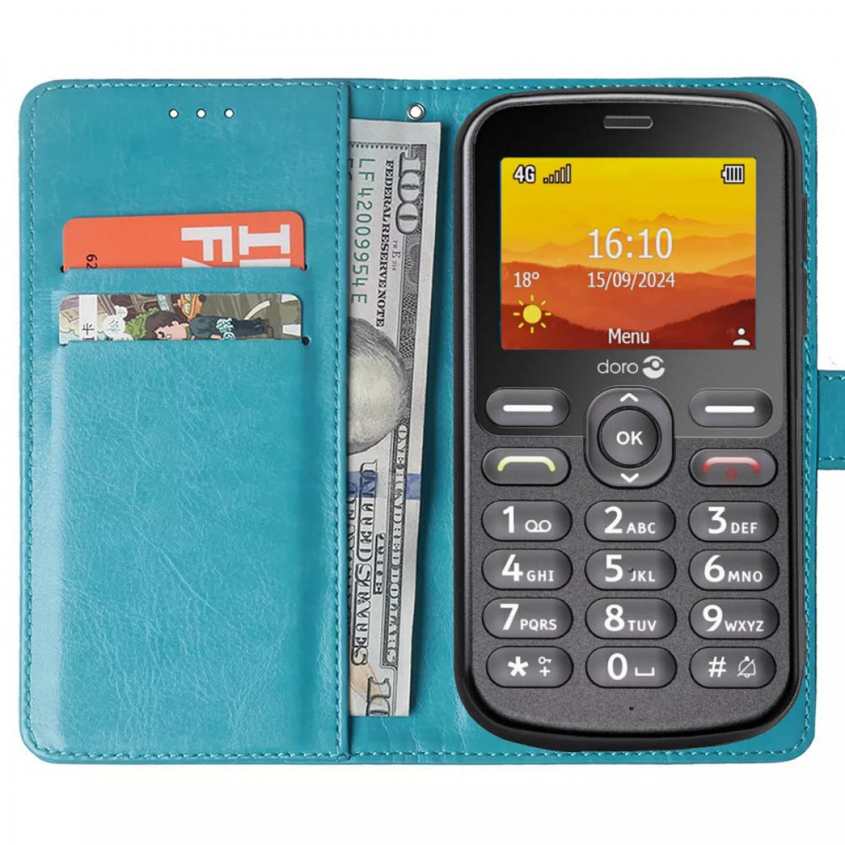 Schwarzes Mobiltelefon in einer blauen Brieftaschen-Hülle. Die Uhrzeit wird angezeigt.