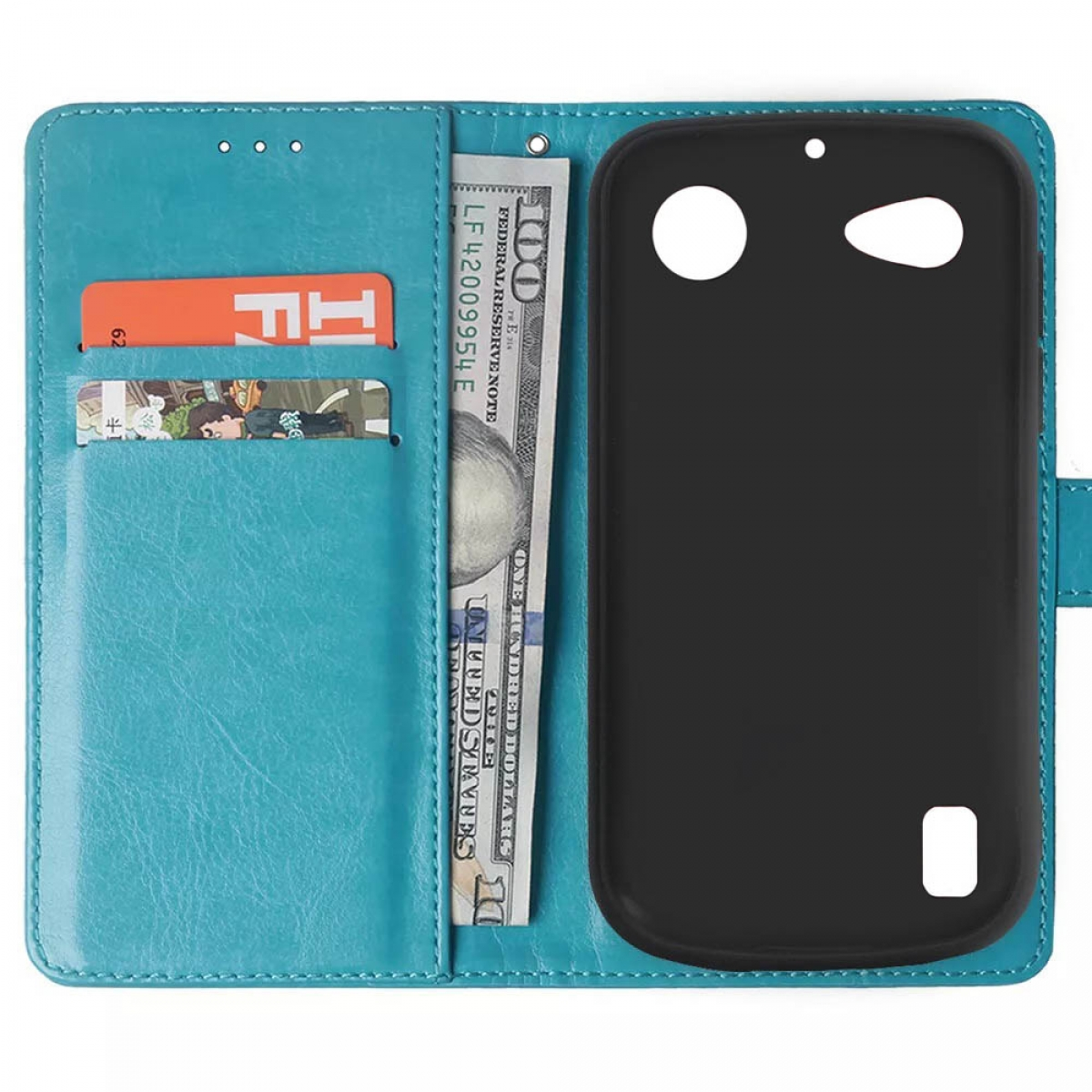 Ein blaues Brieftaschenetui geöffnet mit Telefon, Karten und einem 100-Dollar-Schein sichtbar.