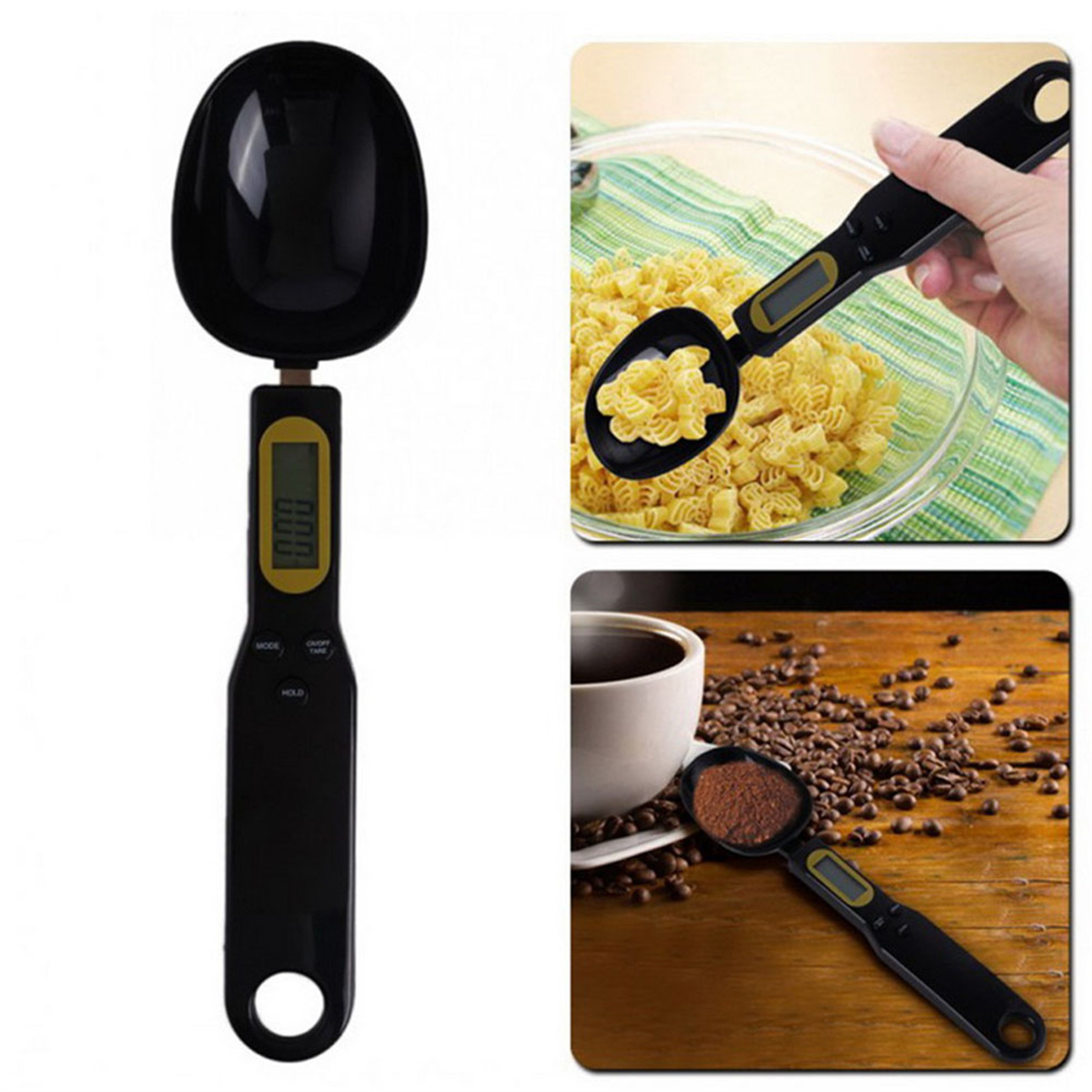 Schwarzer Messlöffel mit Digitalanzeige, gefüllt mit Nudeln und Kaffeebohnen.
