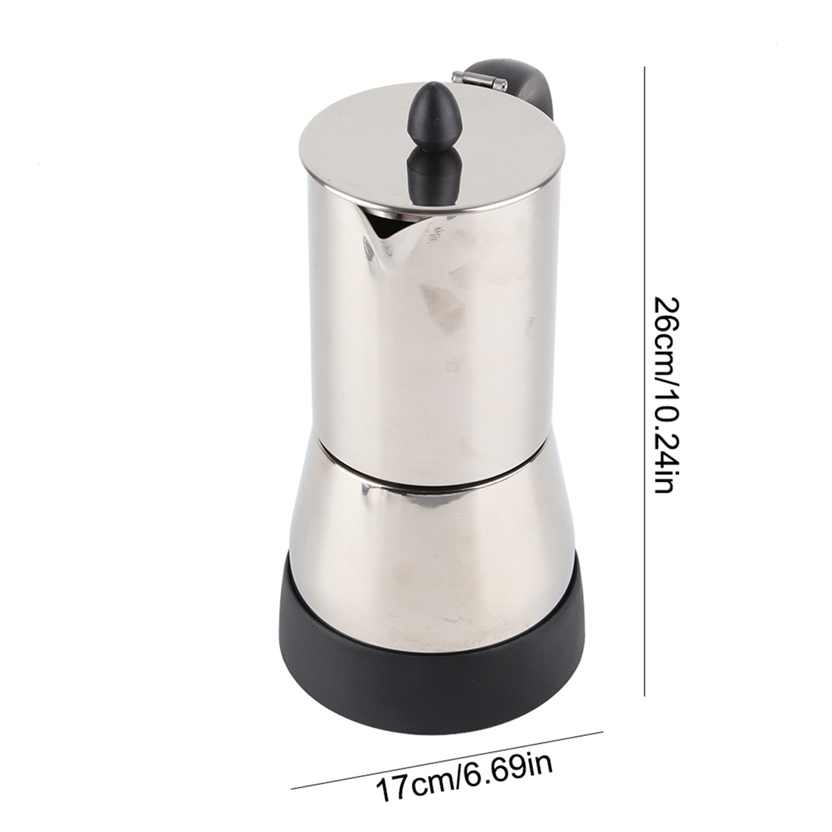 Moka-Kanne aus Edelstahl. Zylindrisch mit schwarzem Sockel. Abmessungen: 26cm/10,24in hoch und 17cm/6,69in breit.