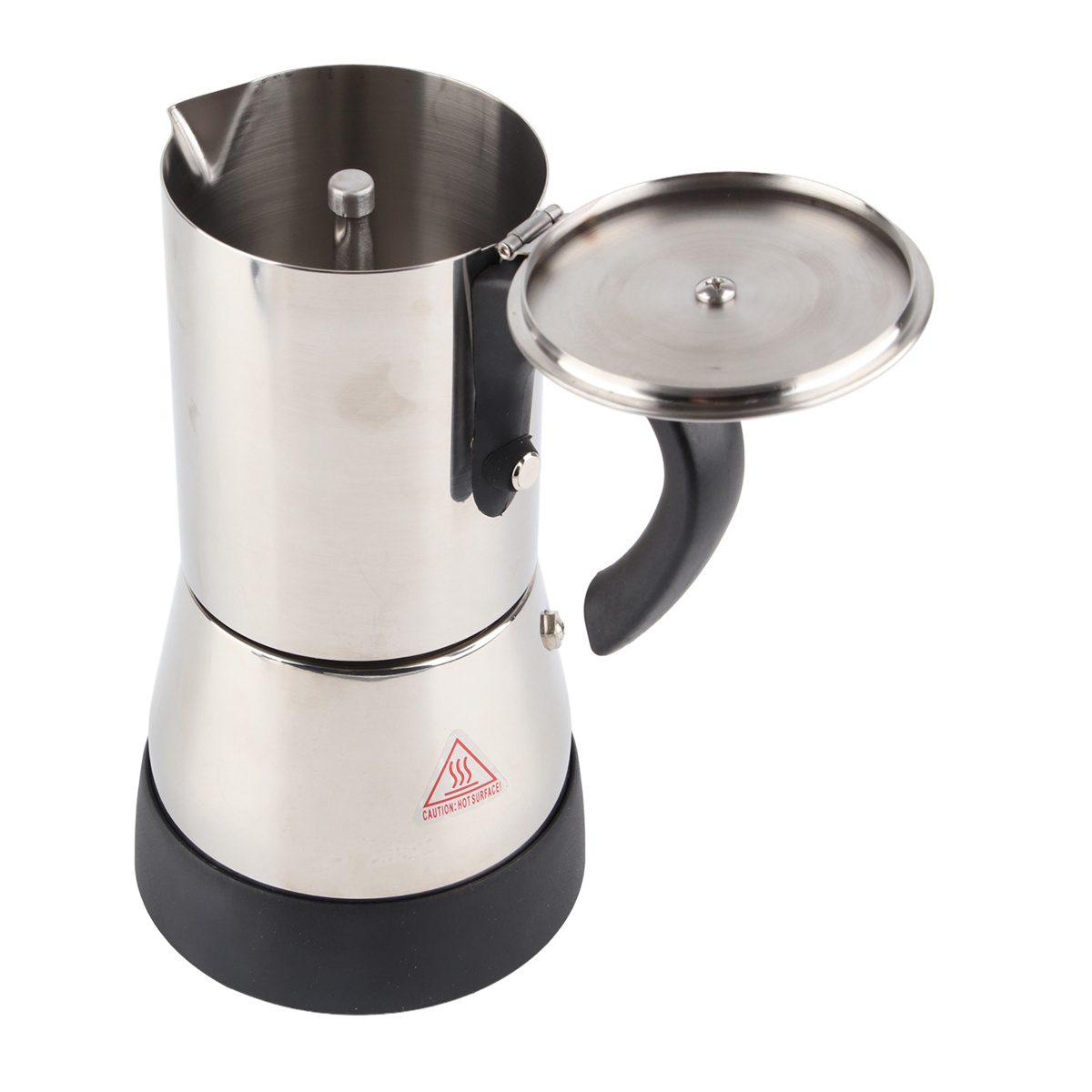 Eine Kaffeemaschine aus Edelstahl mit schwarzem Griff und geöffnetem Deckel auf weißem Hintergrund.