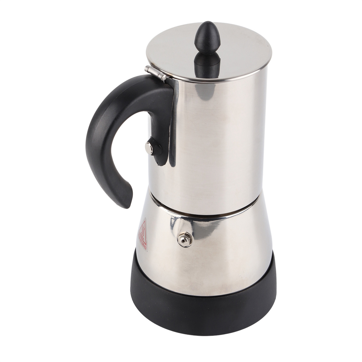 Kaffeemaschine aus silbernem Edelstahl mit schwarzem Griff und Sockel. Auf weißem Hintergrund.