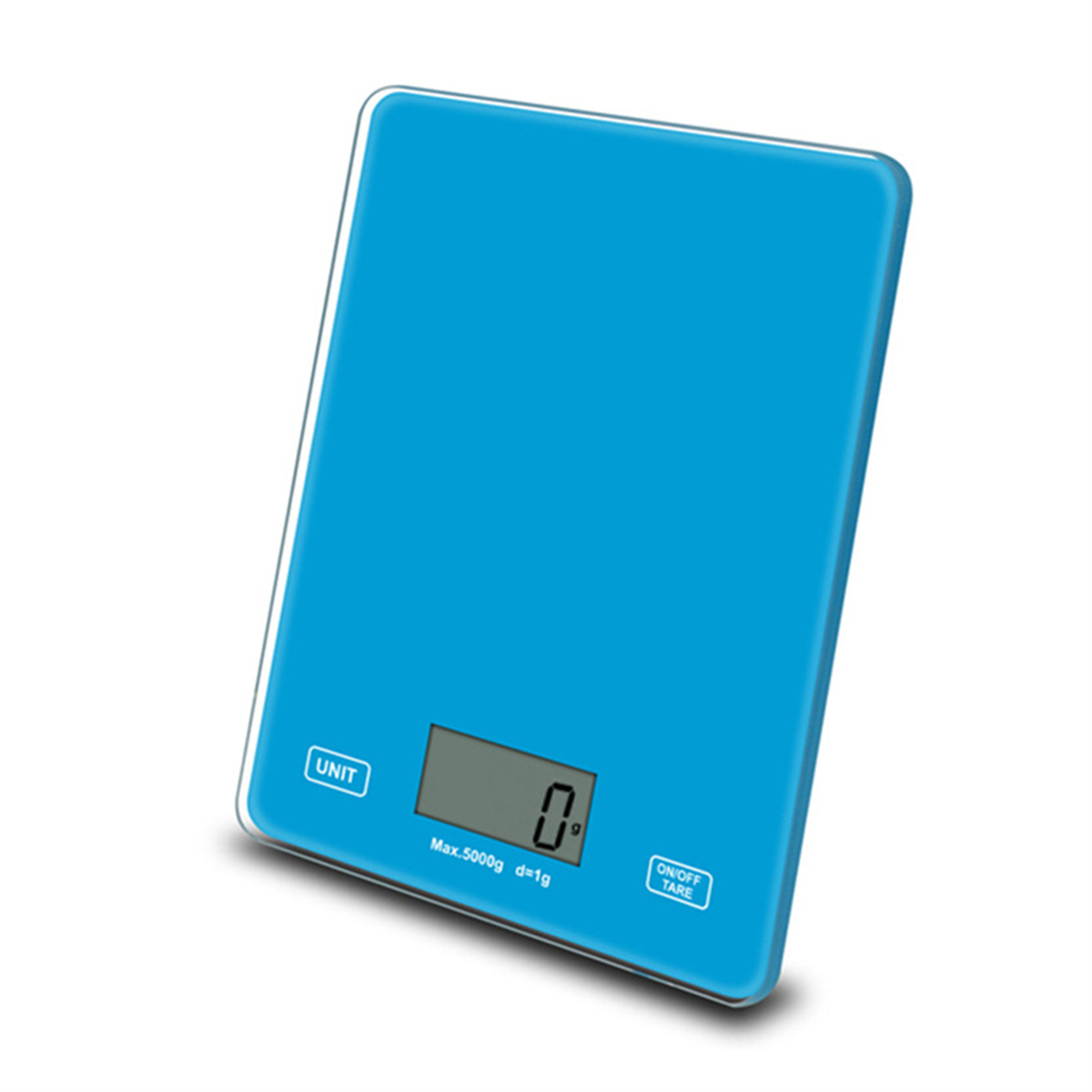 Blaue digitale Küchenwaage mit einem Bildschirm, der '0' anzeigt.