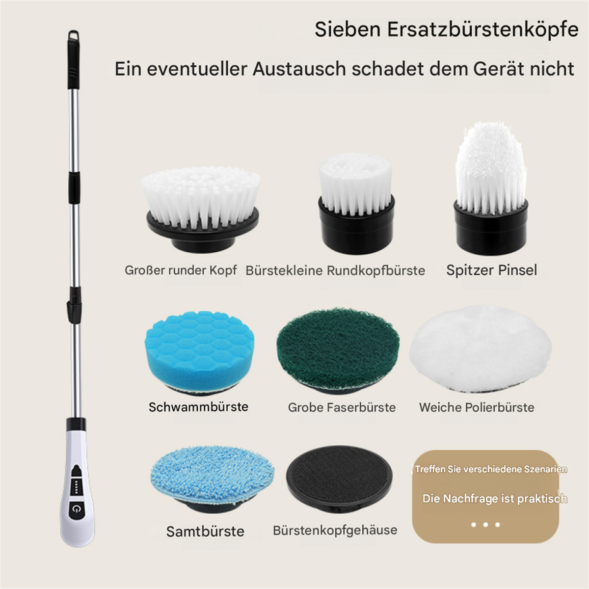 Ein Reinigungsbürstenset. Verschiedene Bürstenköpfe und ein Reinigungshandgriff werden angezeigt.