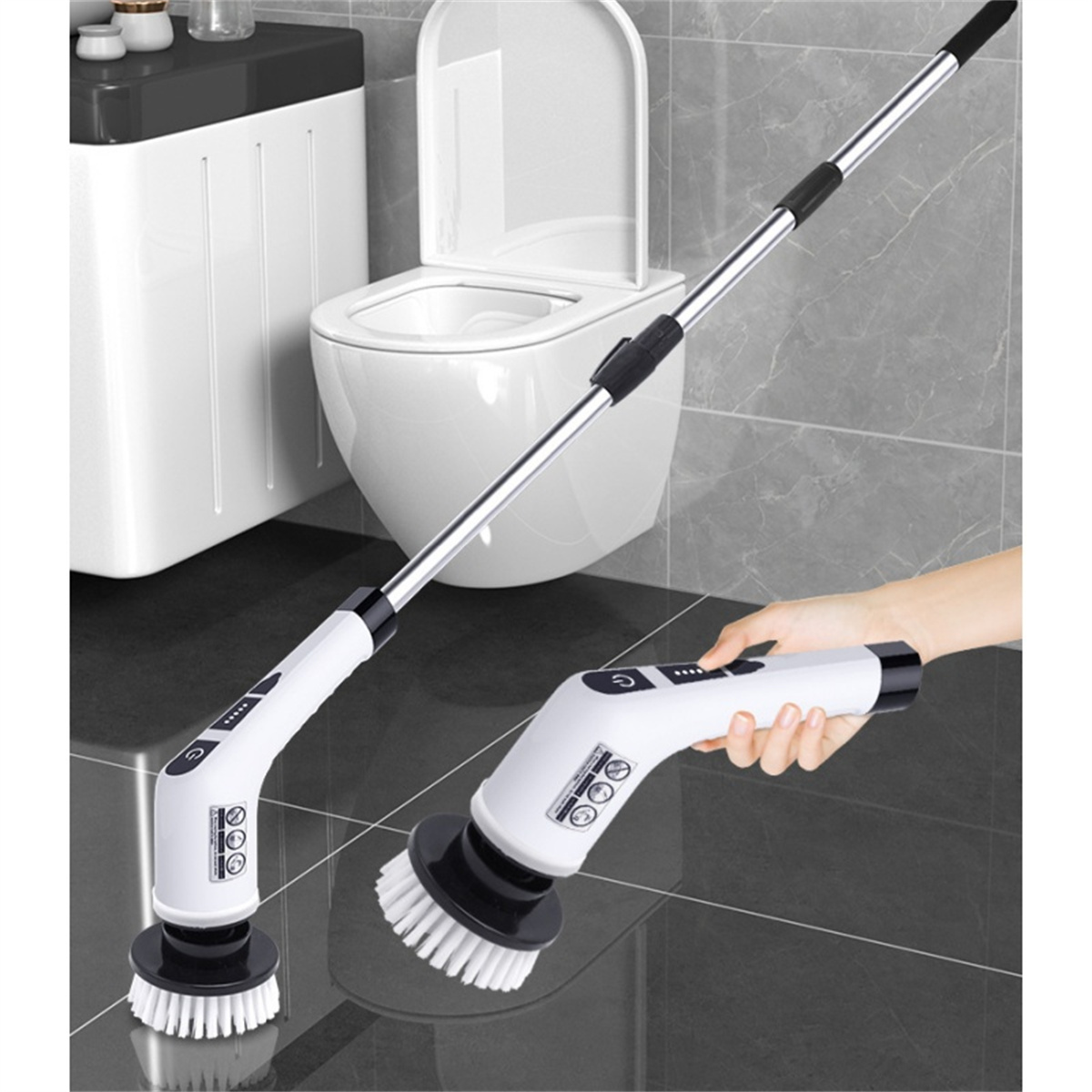 Elektrische Reinigungsbürste mit langem Griff und eine Handheld-Version mit weißem Bürstenkopf.