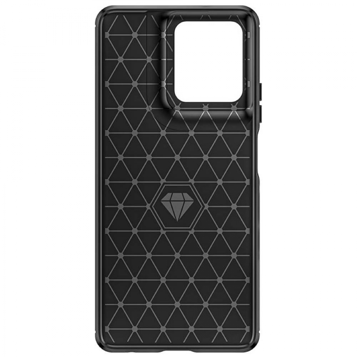 Eine schwarze Handyhülle mit geometrischem Muster und einem quadratischen Kameraausschnitt.