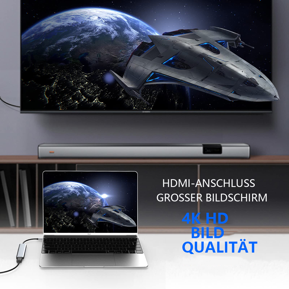 Ein Laptop und ein Fernseher, die ein Raumschiff zeigen, das über der Oberfläche eines Planeten fliegt.