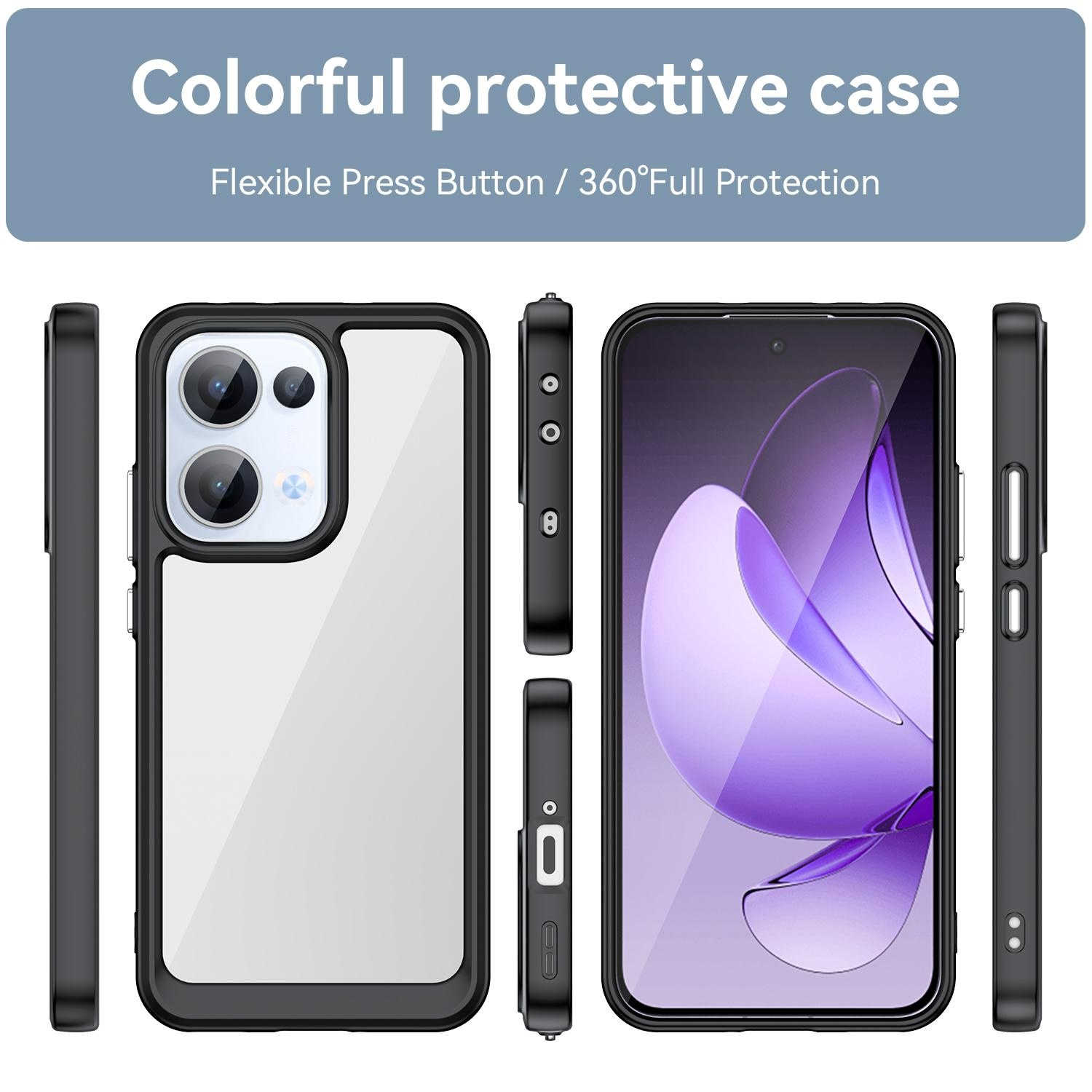 Una funda de teléfono con parte trasera transparente y bordes negros, vista desde diferentes ángulos.