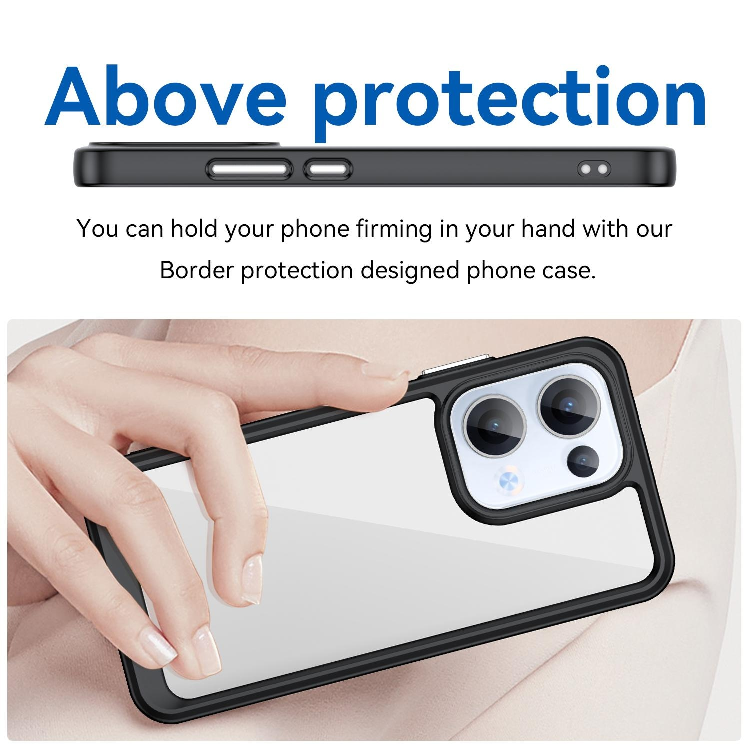 Funda de teléfono con teléfono y texto sobre protección de bordes. Mano sosteniendo el teléfono.
