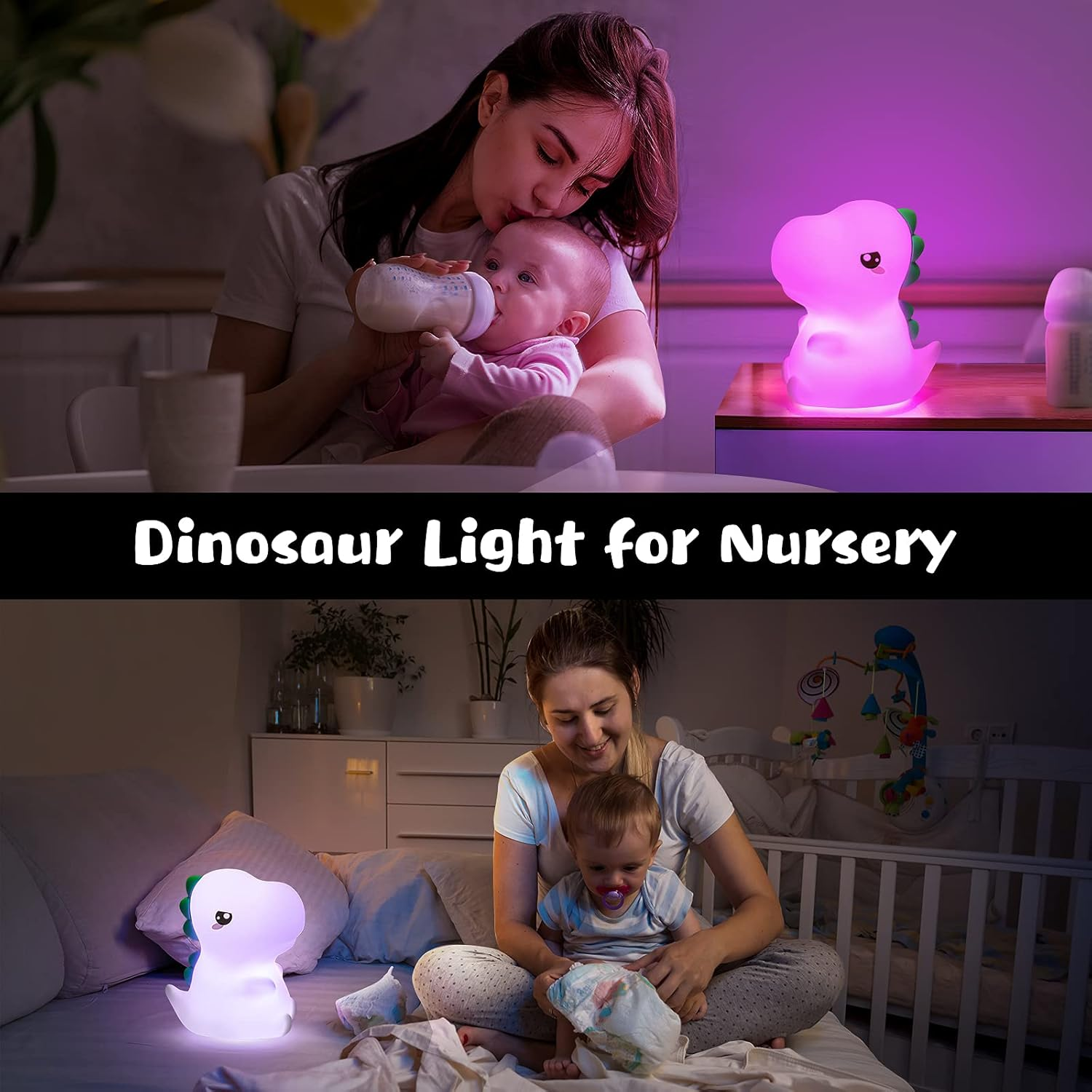 Zwei Bilder einer Mutter mit Baby und Dinosaurier-Nachtlicht. Eines füttert das Baby.