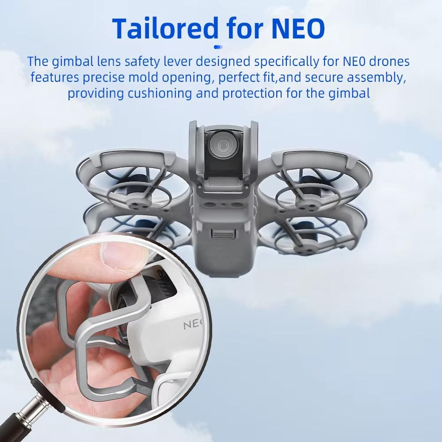 Drone con lente d'ingrandimento su una parte, testo 'Tailored for NEO'.