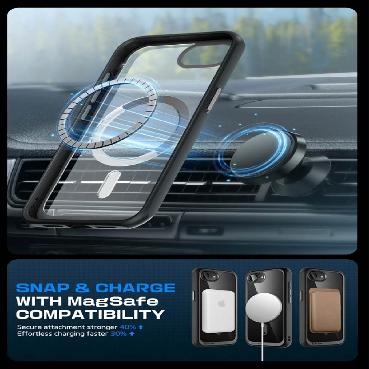 Transparente Handyhülle mit schwarzem Rahmen auf dem Armaturenbrett eines Autos und ein MagSafe-Ladegerät.