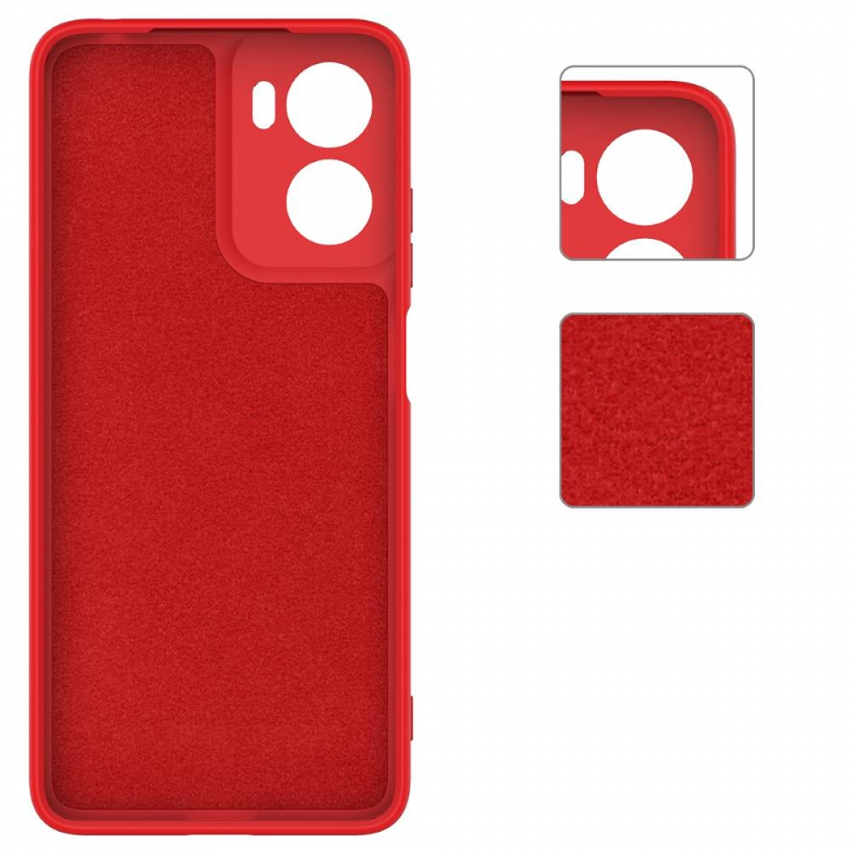 Rote Handyhülle mit Kameraausschnitten und rechteckigen Texturdetails.