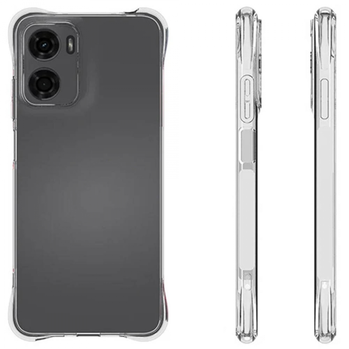 Eine transparente Handyhülle auf einem Handy, zeigt Rückseite und Seiten. Es hat ein klares Design.