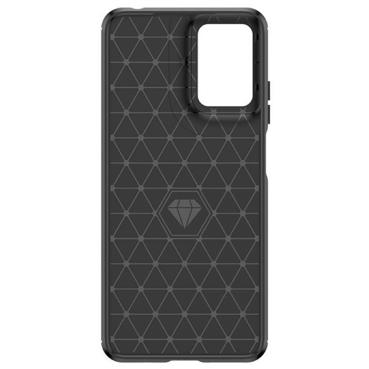 Schwarze Handyhülle mit geometrischem Muster. Quadratischer Kameraausschnitt.