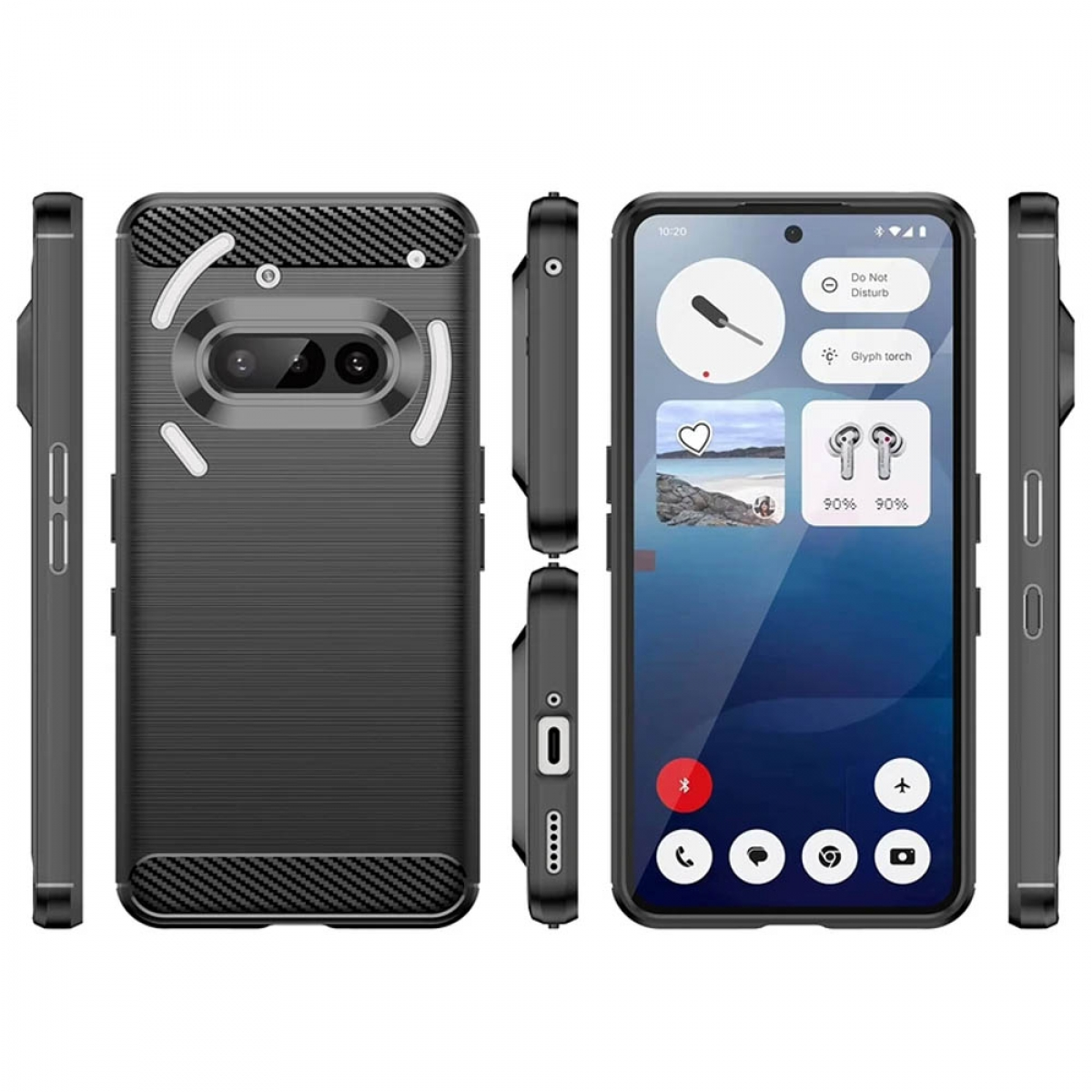Schwarze Handyhülle mit Carbonfaser-Design, zeigt das Telefon mit Widgets auf dem Bildschirm.