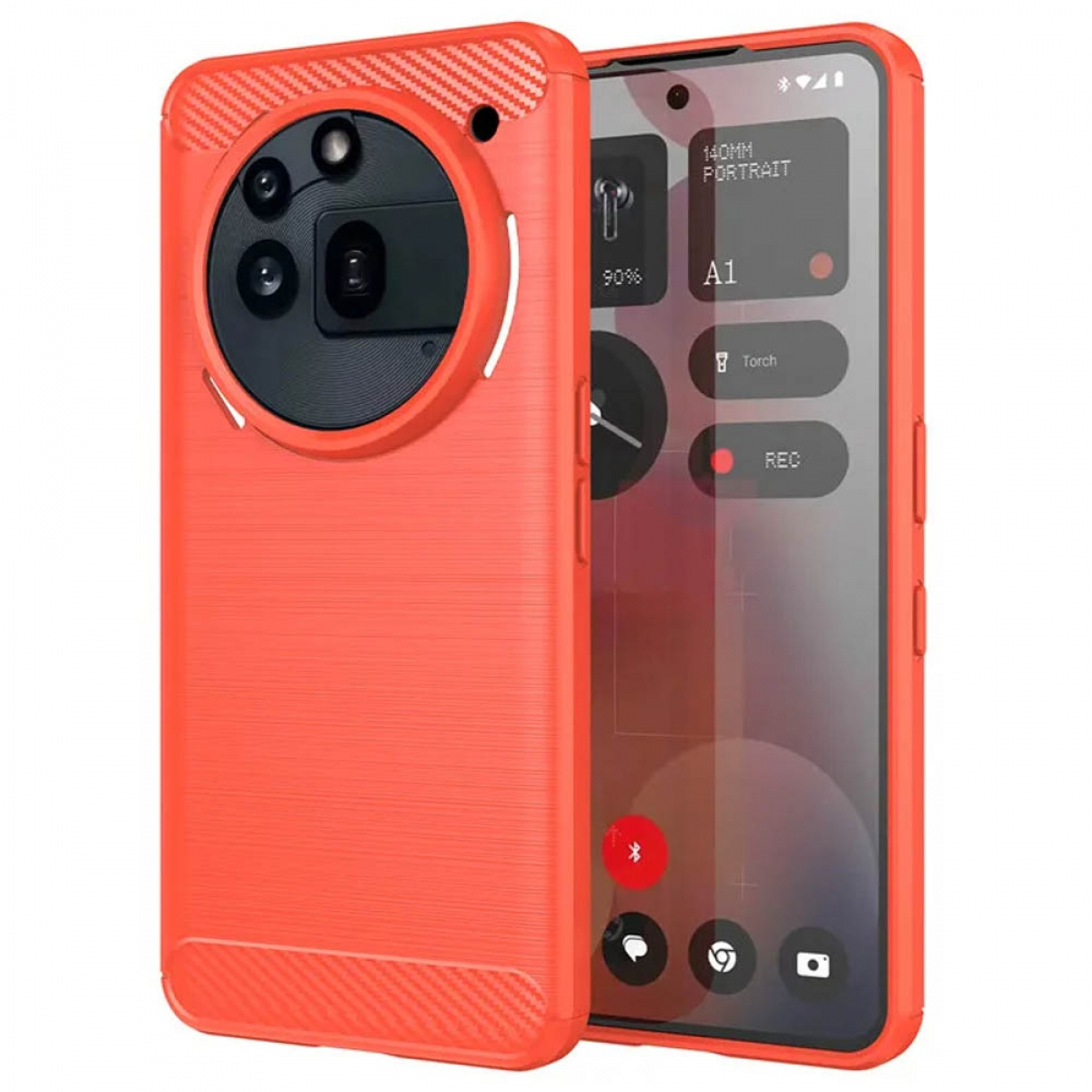 Orangefarbene Handyhülle mit Telefon auf weißem Hintergrund.