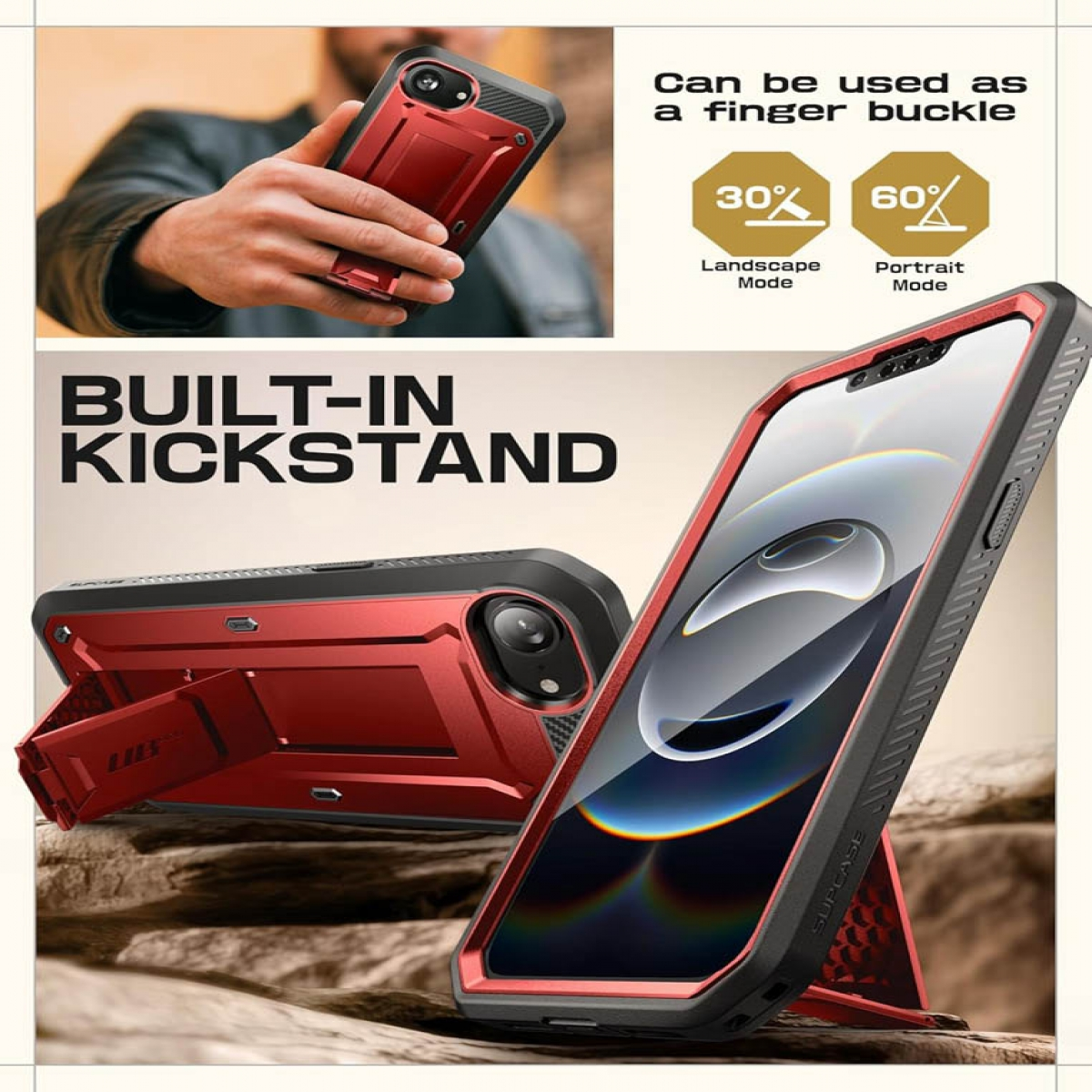 Eine rote Handyhülle mit eingebautem Ständer. Die Hülle ist geöffnet und hält ein Telefon.