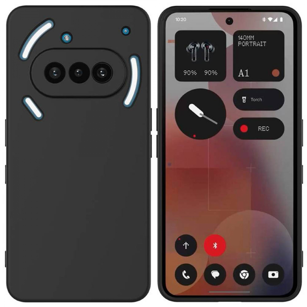 Schwarzes Smartphone mit Hülle, zeigt Bildschirm. Rückseite: drei Linsen und Licht. Bildschirm zeigt App-Symbole.