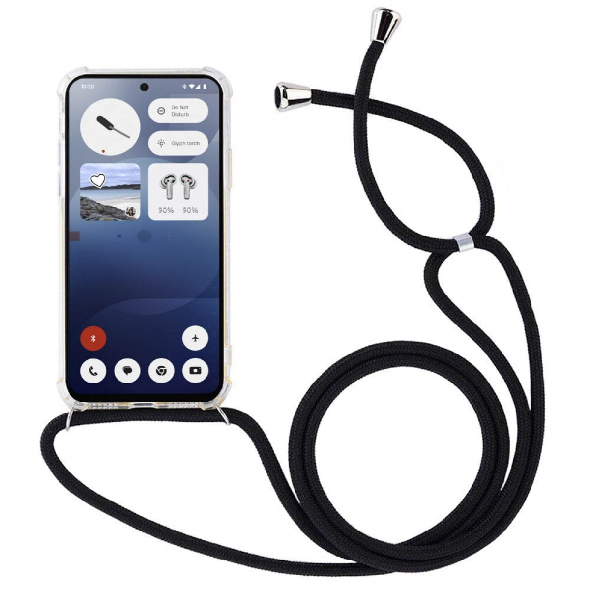 Ein Smartphone mit schwarzem Kabel. Der Bildschirm zeigt App-Symbole und ein „Bitte nicht stören“-Symbol.