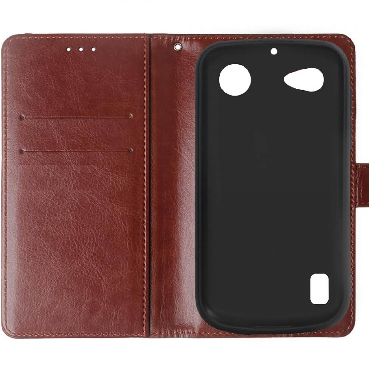 Offene braune Brieftaschen-Handyhülle, die ein schwarzes Telefon mit weißen Kreisen zeigt.