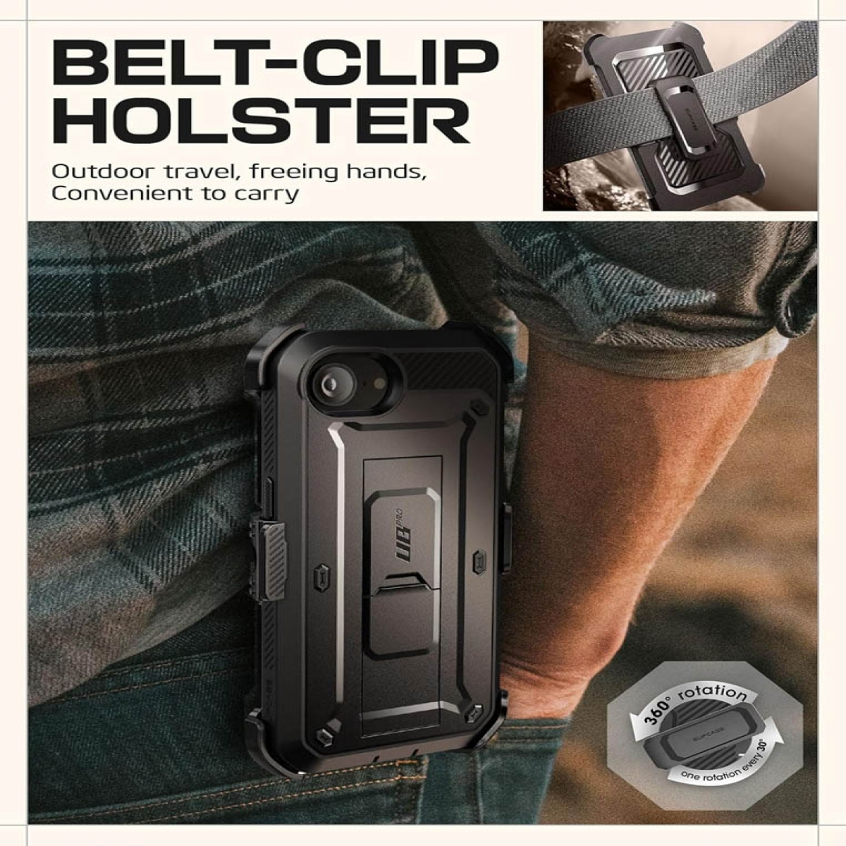 Mann in Jeans mit schwarzem Gürtelclip-Holster. Text: Gürtelclip-Holster.