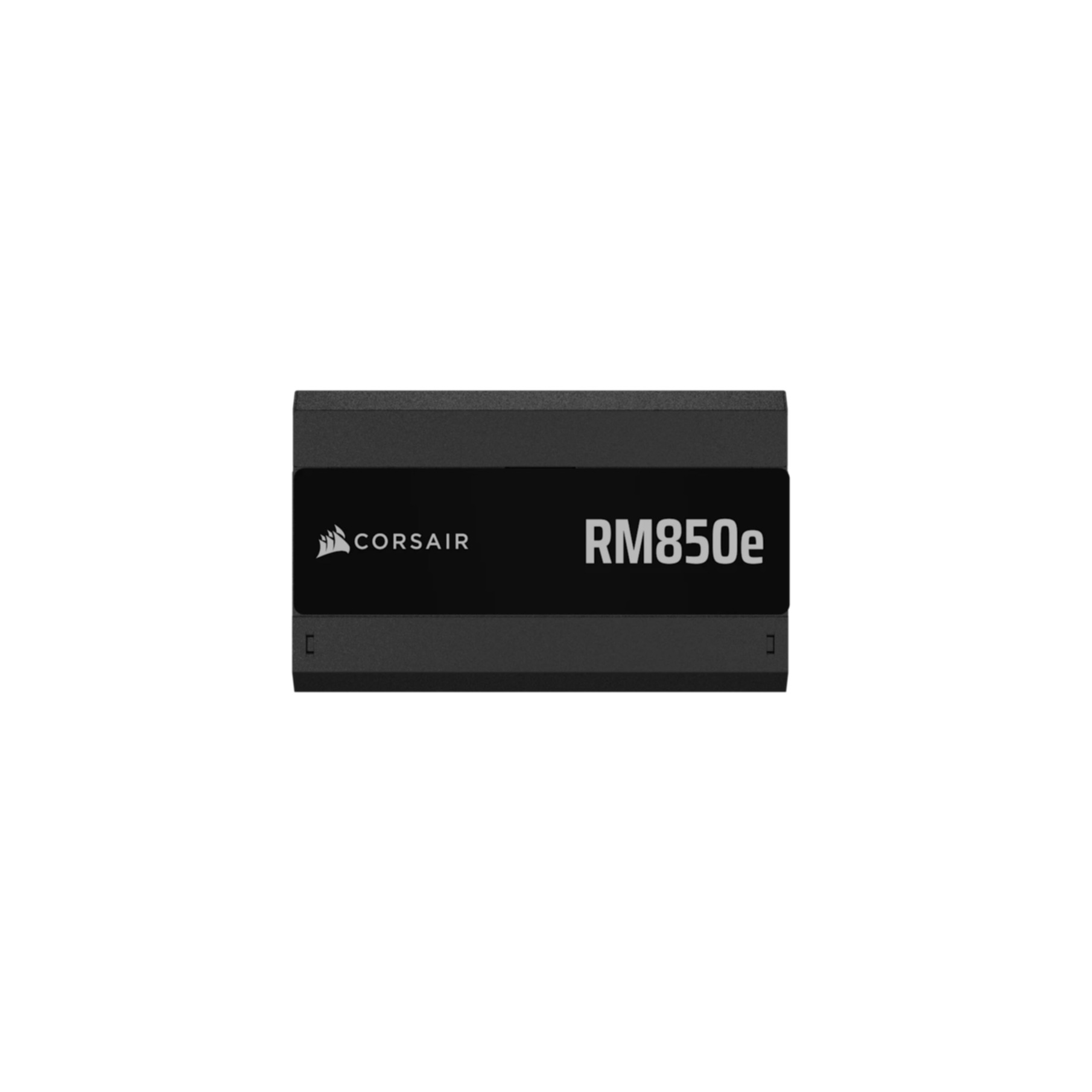 Zwarte Corsair RM850e voeding met de merknaam en het model duidelijk zichtbaar.