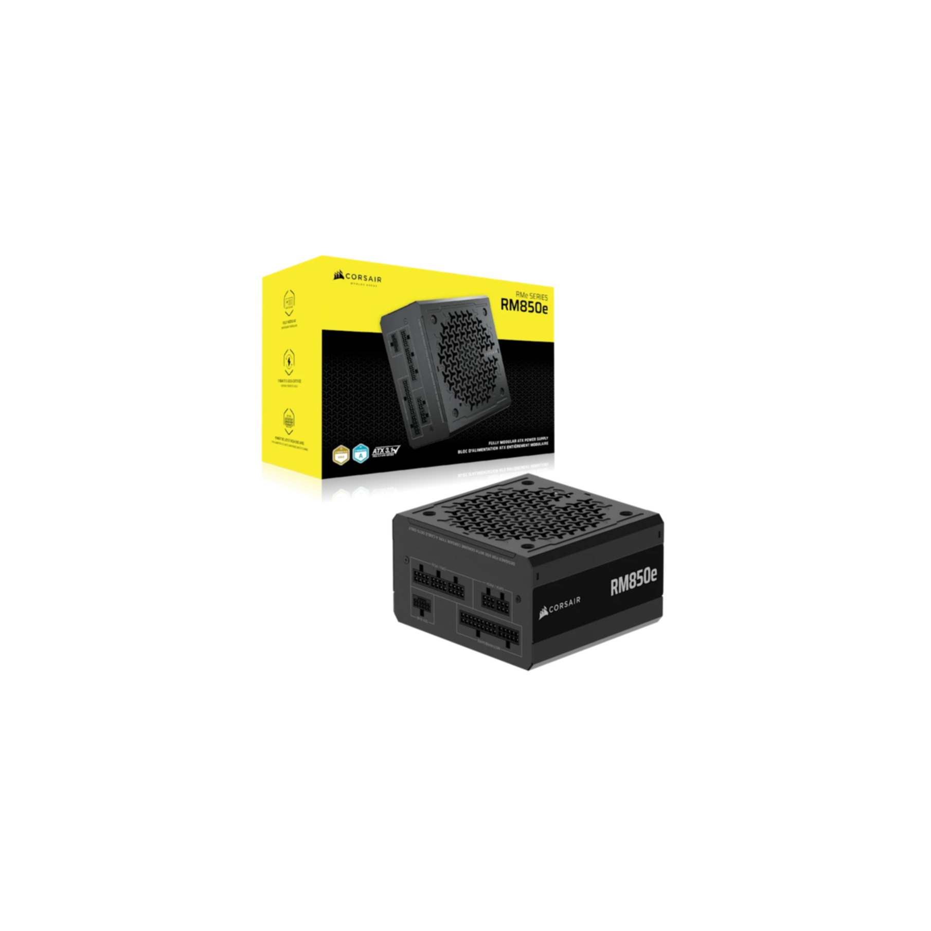 Een zwarte Corsair RM850e voeding en de geel-zwarte doos, op een witte achtergrond.